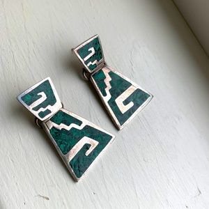 Vintage Mexican SS & Turquoise Chunky Earrings